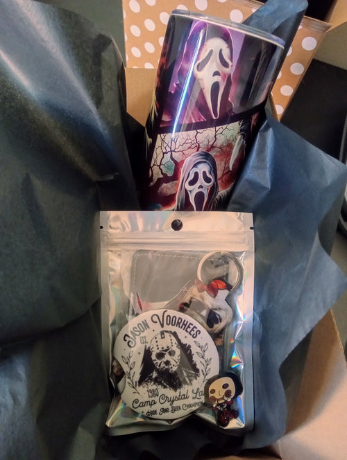 Ghostface Scream tumbler with Jason Voorhees button and horror keychain set