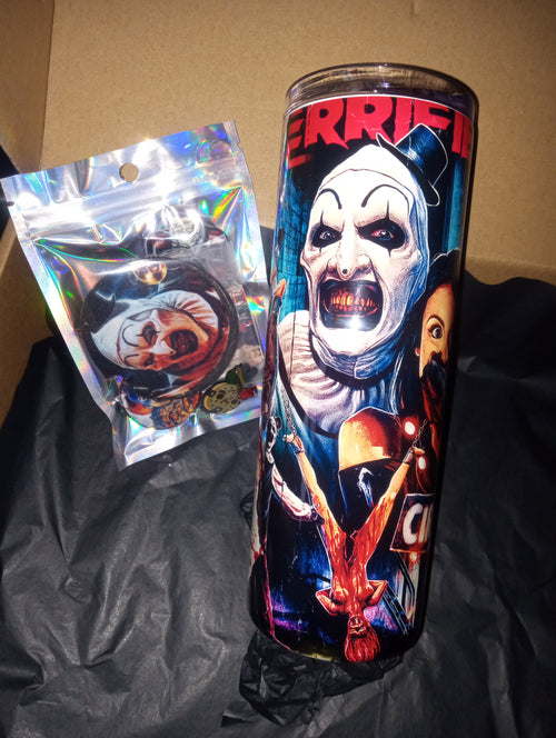 Terrifier tumbler with Art the Clown horror print and horror character keychain in holographic pouch